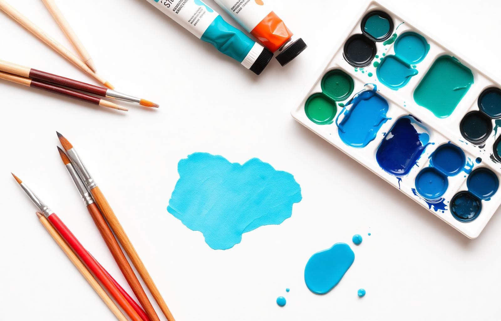 Watercolor brushes, paints, and a palette of teal and blue tones on a white background